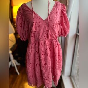 Mustard Seed Coral Pink Islet Babydoll Midi Dress Size M Tassels Puff sleeves